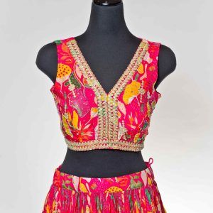 Bright Pink Floral Lengha with Hand Embrodery - Size 38